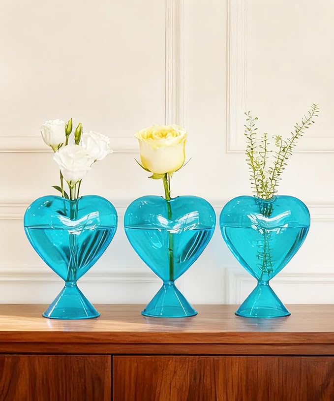 Nacome Small Glass Bud Vases for Flowers: Birthday Gifts for Wife Women Mom Garden Lovers- Set of 3 Heart Plant Terrarium for Wedding Centerpiece Table Office Indoor Home Decor(Blue)