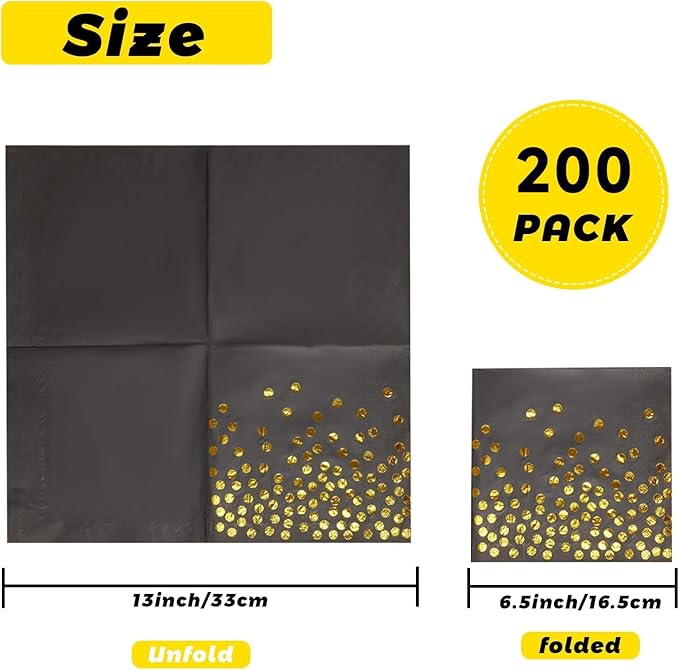 200 Pcs 6.5x6.5 Inch Disposable Black Gold Dot Paper Napkins