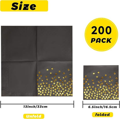 200 Pcs 6.5x6.5 Inch Disposable Black Gold Dot Paper Napkins