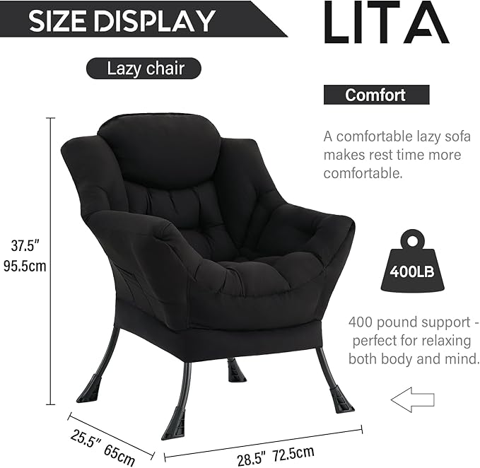 LITA Lazy Chair with Armrests and Side Pocket, Modern Upholstered Accent Reading Chair for Living Room, Bedroom, Dorm, Small Spaces, Single Black