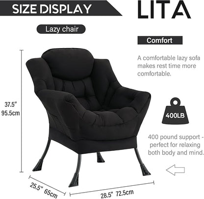 LITA Lazy Chair with Armrests and Side Pocket, Modern Upholstered Accent Reading Chair for Living Room, Bedroom, Dorm, Small Spaces, Single Black