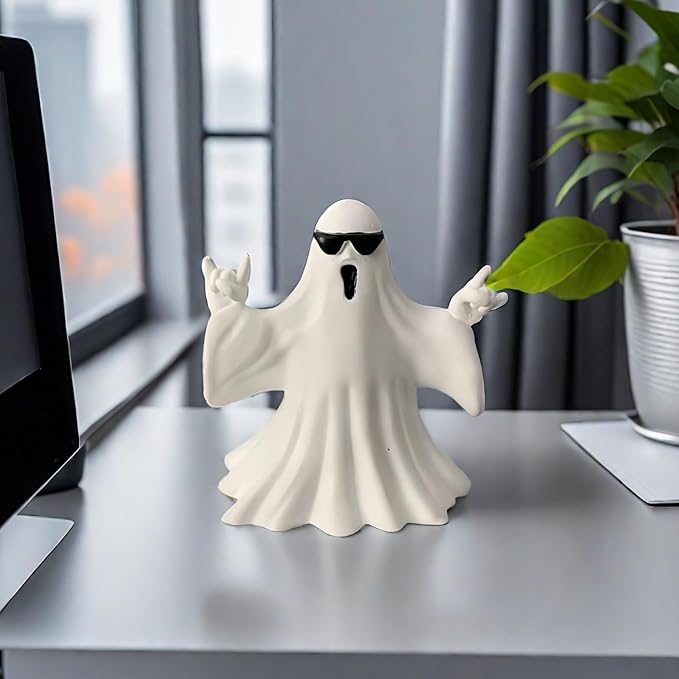 Halloween Ghost Figurine - Spooky Resin Ghost Statue, Cute Finger Ghost Ornaments, Perfect for Indoor & Porch Halloween Decor (Ghost with Glasses)