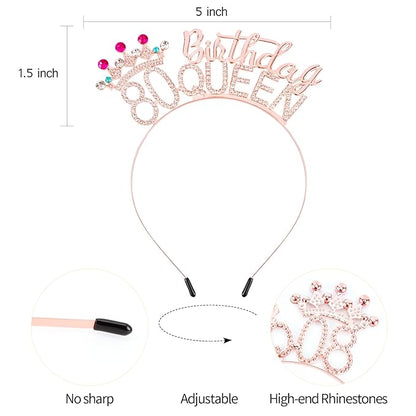 VELSCRUN 80th Birthday Queen Headband, Tiara Crown for Women, 80th Birthday Decorations for Her, Birth Queen Tiaras Crowns Sash for Women Mom Birth Party Decoration Hair Accessories Rose Gold