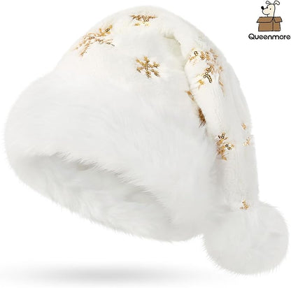 Queenmore Adult's Christmas Santa Claus Hat, Plush Santa Cap, Velvet Headwear, Lined and Fabric-Shedding Resistant