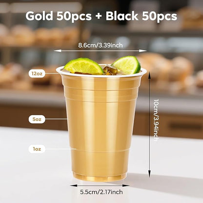 100PCS Black and Gold Plastic Cups, 12oz Disposable Party Cups Bulk Pack, BPA Free Drinkware for Soda Juice Beer Cold Drinks Suitable for Wedding Halloween Thanksgiving Christmas Birthday Celebrations