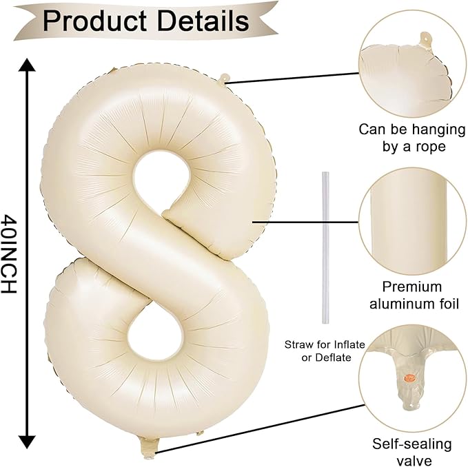 Beige 18th Birthday Balloons Number 18, 40 Inch Large Foil 1 & 8 Numbers Balloons for 18 Year Old Boys Girls, White Cream Helium Balloon for Women Men 18th 81st Birthday Anniversary Party Decorations