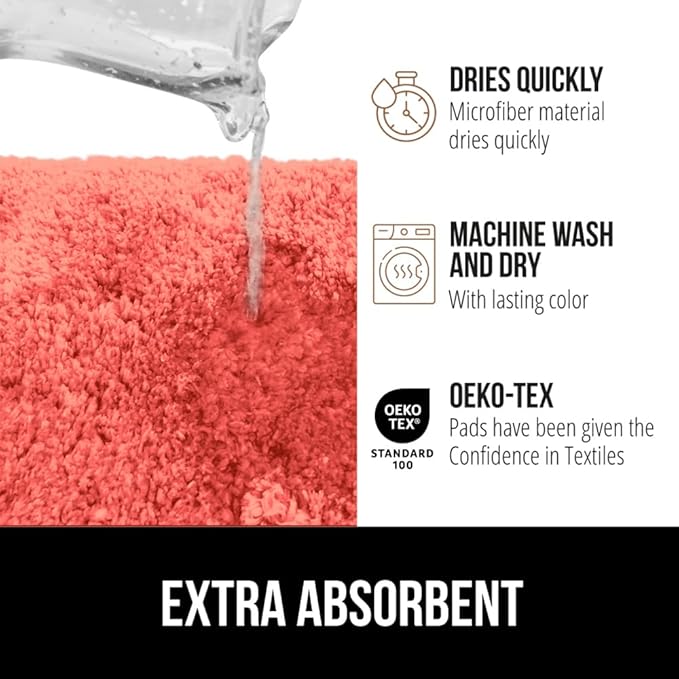 GORILLA GRIP Bathroom Rugs, Ultra Soft Absorbent Mat, Thick Plush Bath Rug, Machine Washable, Microfiber Quick Dry, Mats for Shower, Bathtub and Floor, Home Decor Accessories, 24x17, Coral