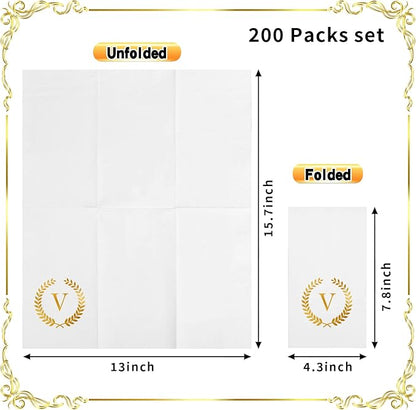200 Pack Monogrammed Disposable Napkins Gold Foil Letter V Guest Napkins Initial Disposable Hand Paper Towels for Wedding Engagement Baby Shower Party Home Kitchen Bathroom Dinner Decorative Towels