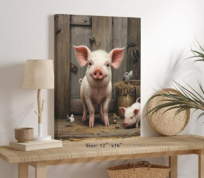 Farmhouse Pig Wall Art,Rustic Pig Canvas Prints Painting,Farm Animal Wall Art Country Bathroom Decor Print Painting Framed Artwork for Bedroom Kitchen12 X16