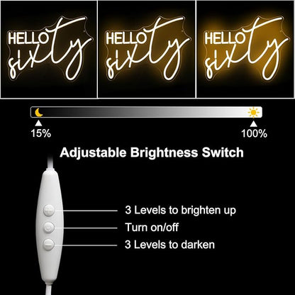 Hello Sixty Neon Sign Happy 60th Birthday LED Signs Warm White 60 Years Dimmable Neon Lights 60th Birthday Decorations Neon Signs for Wall Bedroom Birthday Party Decor Birthday Supplies