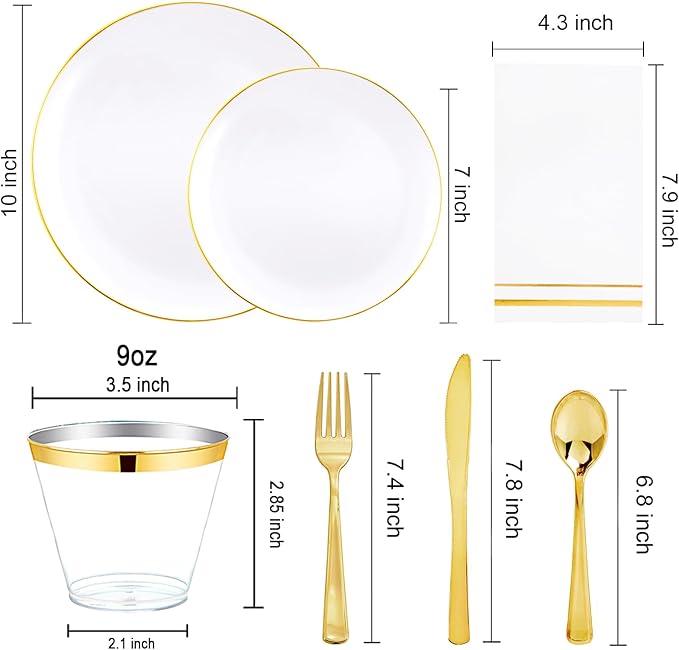 Festiva 350Pcs Gold Plastic Plates - White and Gold Dinnerware Set Disposable include 10" & 7" Plates,Cups,Silverware,Napkins -serve 50 Guests Perfect for Wedding& Chritmas & Party