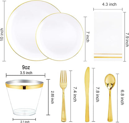 Festiva 350Pcs Gold Plastic Plates - White and Gold Dinnerware Set Disposable include 10" & 7" Plates,Cups,Silverware,Napkins -serve 50 Guests Perfect for Wedding& Chritmas & Party