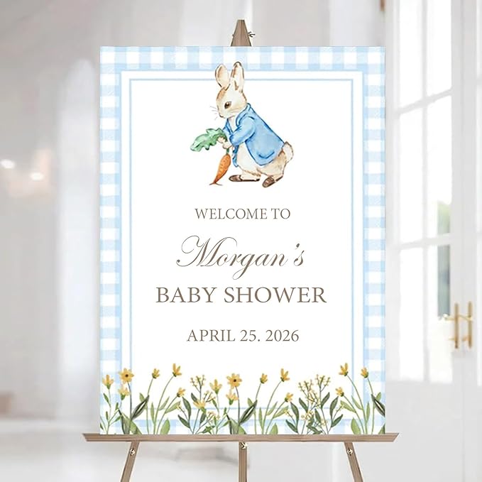 Personalized Bunny Rabbit Baby Shower Welcome Sign for Girl, Pink Peter Rabbit Theme, Greenery Bunny baby shower sign, Gift for Boys & Girls, Gender Reveal Decor, Birthday Party Favors (Style 9)