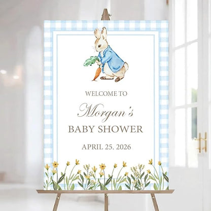 Personalized Bunny Rabbit Baby Shower Welcome Sign for Girl, Pink Peter Rabbit Theme, Greenery Bunny baby shower sign, Gift for Boys & Girls, Gender Reveal Decor, Birthday Party Favors (Style 9)