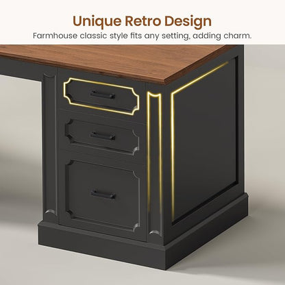 SEDETA Farmhouse 110.3" Two Person Desk with 7 Drawers, Long Computer Desk with Storage Cabinet, 2 Person Desk with Power Outlets for Home Office, Black