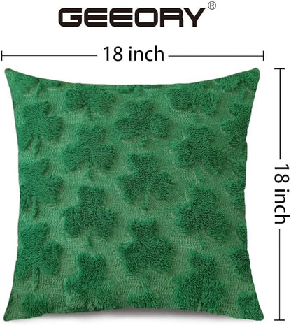 GEEORY St. Patrick's Day Soft Plush Green Shamrock Pillow Covers 18 x 18 Inch Set of 2, Lucky Clover Faux Fur Wool Farmhouse Throw Pillowcases for Home Sofa Couch Cushion Decoration GC012-18