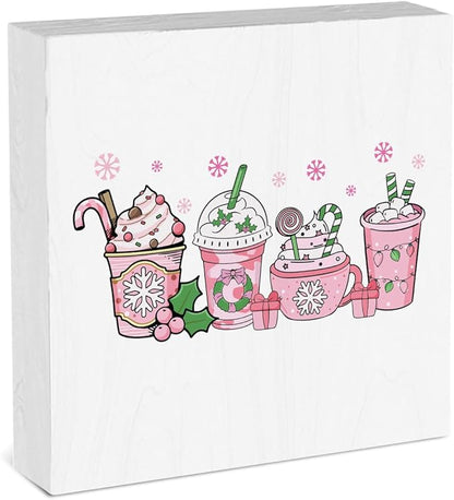 Pink Christmas Coffee Bar Decor for Home Pink Hot Chocolate Decorations Christmas Decorations for Home Merry Xmas Decor for Office Table 5 x 5 Inches