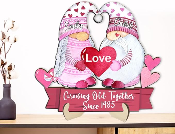Growing Old Together Gnomes Wooden Plaque, Personalized Gifts for Him Her Husband, Custom Wood Sign Anniversary Couples Gift, Valentine Christmas Gift For Parents, Grandparents Wall Decor Sign 22
