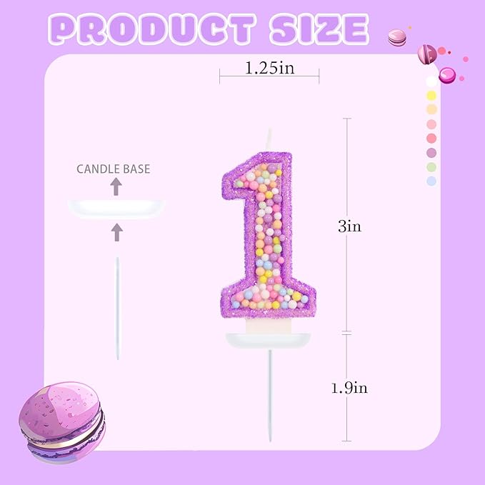 Birthday Candles - Number 1 Candle, Colorful Macaron Candles for Boys/Girls, Purple Party Decorations, Purple Cake Decorations