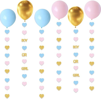 Boy or Girl Gender Reveal Decorations 6PC Pink Blue Gold Hear Garland Balloon Tails for Baby Shower Decor