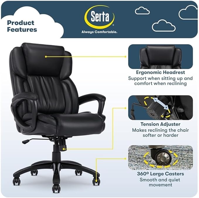 Serta Garret Executive Office Chair, Ergonomic Mid-Back with Lumbar Support, Semi-Plush Cushion and Body Pillows, Padded Armrests, Swivel Base, Bonded Leather, Space Black