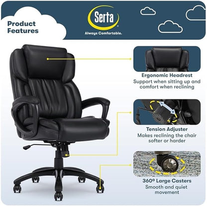 Serta Garret Executive Office Chair, Ergonomic Mid-Back with Lumbar Support, Semi-Plush Cushion and Body Pillows, Padded Armrests, Swivel Base, Bonded Leather, Space Black
