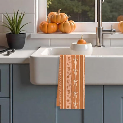 Orange Beige Fall Kitchen Towels, Coquette Bow Autumn Pumpkin Dish Tea Towels for Kitchen Decor, Farmhouse Fall Thanksgiving Decorative Hand Towel for Bathroom, 16x24 Inches