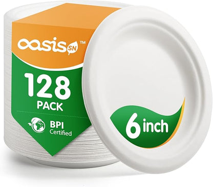 𝟔 𝐈𝐧𝐜𝐡, 𝟏𝟐𝟖-𝐏𝐚𝐜𝐤 Compostable Paper Plates, Heavy-Duty Biodegradable Disposable Dish Made from Bagasse, Perfeck for Snacks, Desserts, Party, Wedding and More (White)