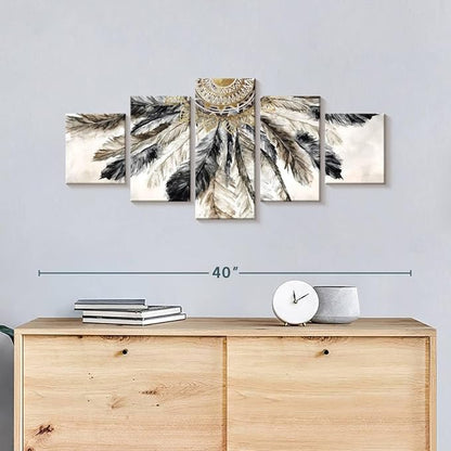 ElephantStock - Necklace Of Feathers Iii Wall Art - Horizontal Multi Panel Canvas - 5 Piece Living Room Wall Decor - Painting Multi Piece Wall Art - Brown And Gray Decor by Eva Watts - 36" x 15"