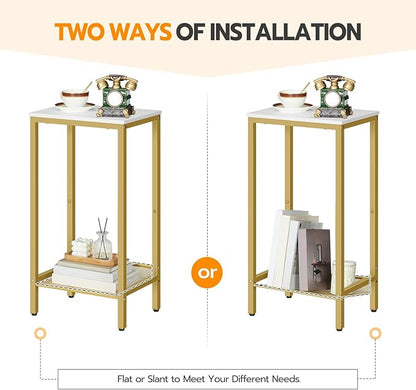 HOOBRO Tall Side Table, Industrial End Telephone Table with Adjustable Mesh Shelves, Small Tall Night Stand for Living Room, Bedroom, Entryway, Office, White and Gold DW03DH01