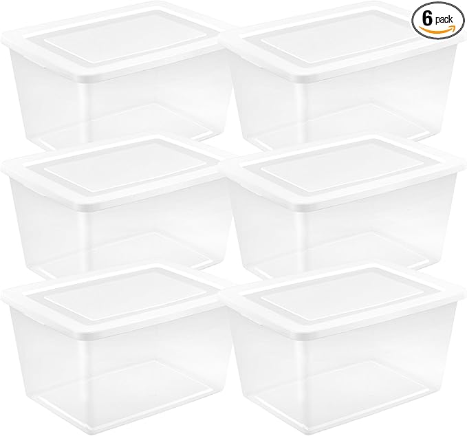Sterilite 6 Pack Storage Boxes, Clear Plastic Stackable Containers, Lightweight Home Organizers with Snap Lids, 58 Quart, White