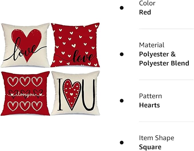 GEEORY Valentines Day Pillow Covers 16x16 Set of 4 Love Heart Valentines Day Throw Pillows Decorative Cushion Cases Valentine Decorations