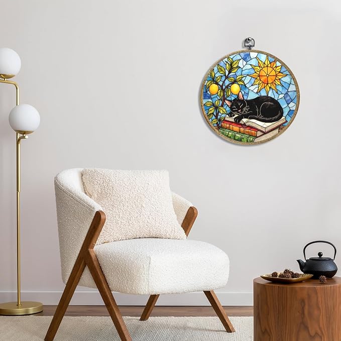 Cute Cat Decor Cat Stuff Accessories Book Lovers Gifts Reading Gifts Framed Round Wall Decor Canvas Wall Art Hanging Prints Artwork for Home Door Bedroom Living Room Decorations 10.2X10.2 Inch