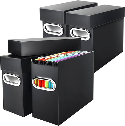 File Organizer Box with Lid & Handle, Heavy Duty Hanging File Folder Storage Boxes for Letter Size, Portable Filing Organizer for Office, Home, Classroom, Black 4 Pack