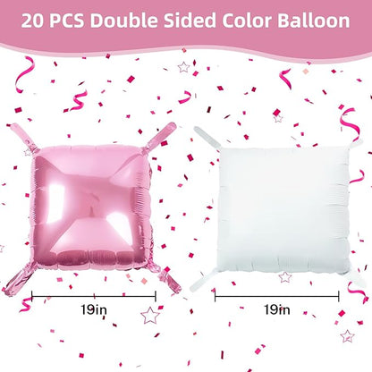 Pink and White Square Balloon, 20 PCS Double Sided Foil Balloons Wall Flat Square Balloon Backdrop for Girls Coquette Birthday Decoration Bridal Baby Shower Party Decoration