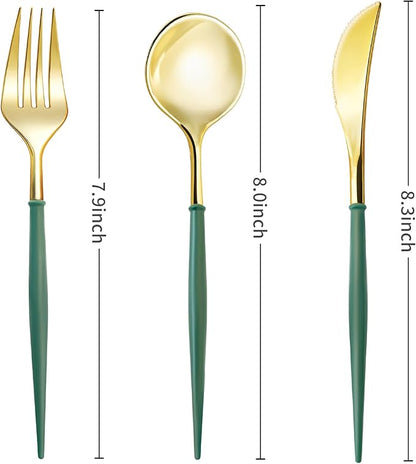 Lullaby 150PCS Gold Plastic Silverware - Disposable Flatware with Green Handles, Includes 50 Knives, 50 Forks, 50 Spoons, Perfect for Birthdays, Weddings, Picnics
