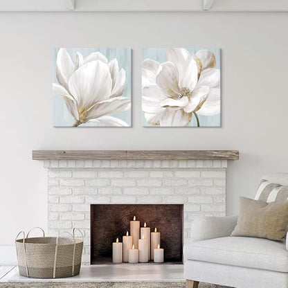 SEVEN WALL ARTS White Magnolia Wall Art Flower Artwork Floral Canvas Paintings Vintage Nature Botanical Painting Farmhouse Artwork Wall Decor for Bedroom Living Room Bathroom Office 24"x 24" x2pcs