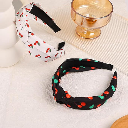 Cherry Print Knotted Headband 2PCS, Black and White Knotted Headbands for Women Non Slip Top Knot Hair Band Cross Knot Headband