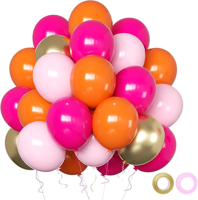 Pink Orang Balloons 12 inch 50 pcs Pink Orang Latex Party Balloons Hot Pink Orange Confetti Balloons for Birthday Baby Shower Wedding Tropical Party Decoration