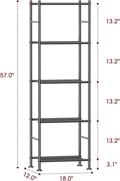 Storage Shelves - 5 Tier Shelf Organizer, Sturdy Metal Garage Shelving with Adjustable Leveling Feet, Space-Saving Shelves Organizer for Pantry, Laundry, Kitchen (18" x 12" x 57", Black)