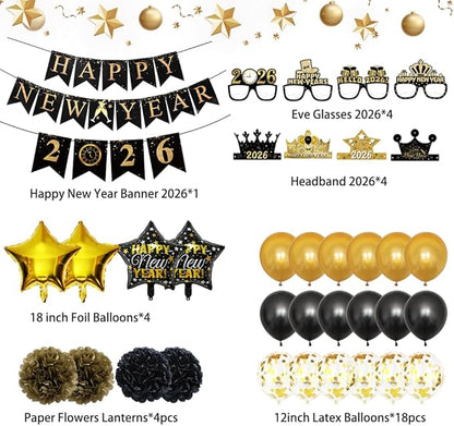 Happy New Years Decorations for Party Supplies 2026, New Years Eve Party Supplies with Balloons Happy New Year Banner Eve Glasses Headband 2026, Happy New Year Party Decorations Set
