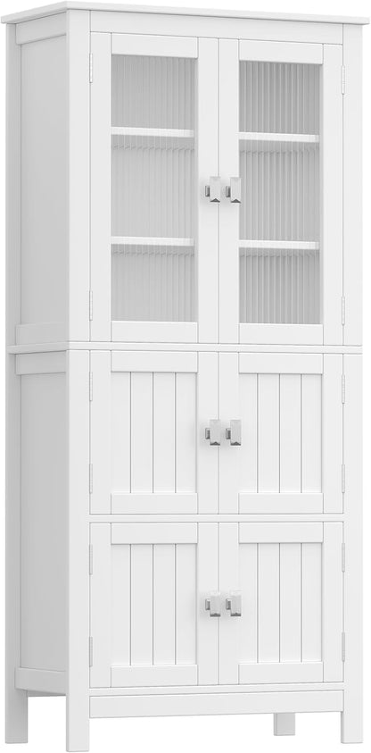 53.1" H Tall Bathroom Storage Cabinet, Bathroom Floor Cabinet with 6 Doors and Adjustable Shlef, Linen Cabinet, Pantry Cabinet for Living Room, Kitchen, Entryway, White
