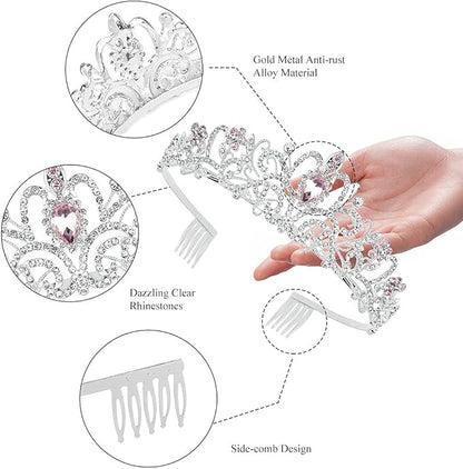COCIDE Silver Tiara Crowns Crystal Headband Princess Rhinestone Crown with Combs Bride Headbands Bridal Wedding Prom Birthday Party Pink Hair Accessories Jewelry for Women and Girls