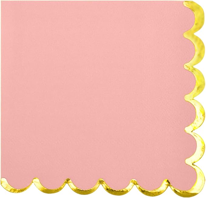 200 Pack Pink Paper Napkins Gold Foil Scalloped Cocktail Napkins Pink Disposable Beverage Napkins for Pink Themed Party Supplies Birthday Baby Shower Wedding Dinnerware Tableware Decorations