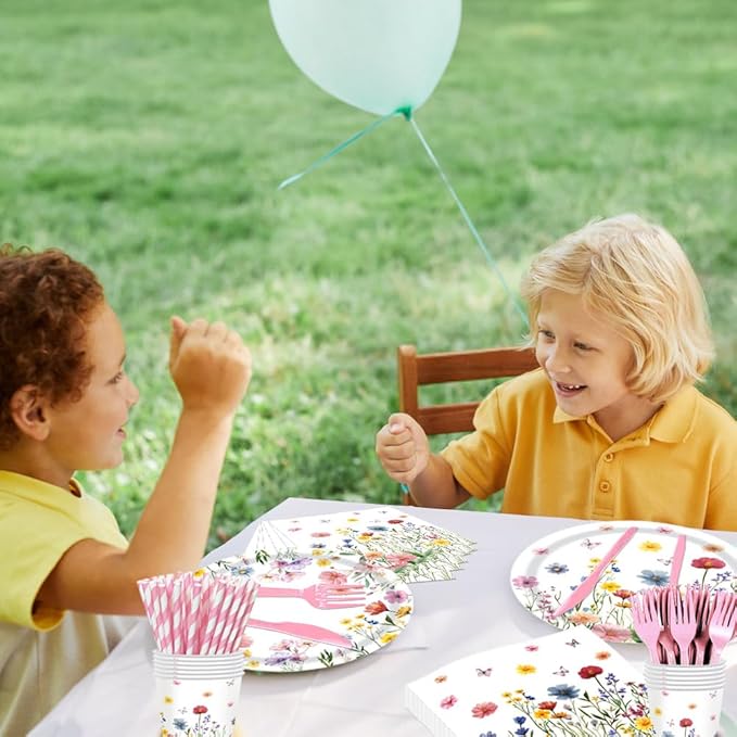 168Pcs Wildflower Party Supplies Wildflower Plates and Napkins Cups Disposable Tableware for Girls Baby Shower Birthday Spring Summer Floral Wedding Tea Party Decorations, Serves 24 Guests