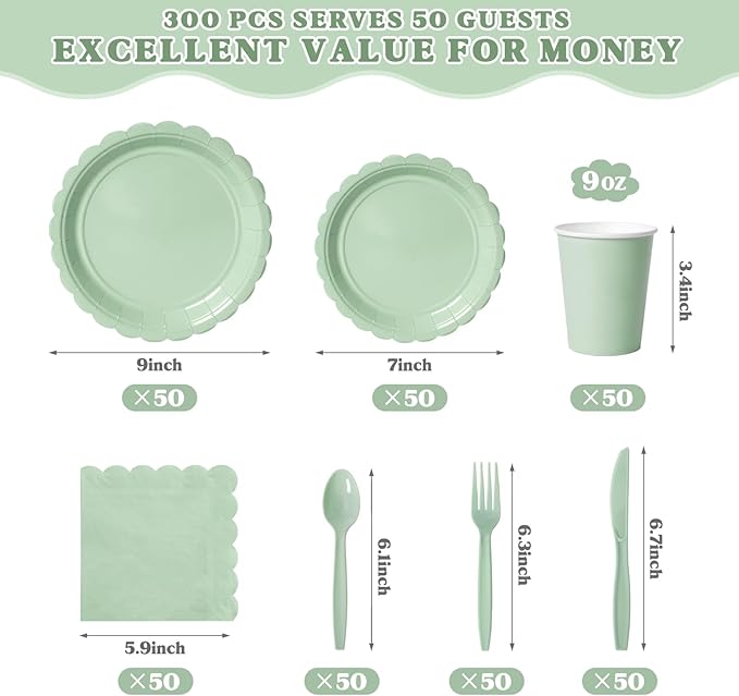 Vyntra 350 PCS Disposable Plates for Boho Party, Paper Plates & Napkins Set with Cups, Knives, Forks, Spoons, 7'' Dessert and 9'' Dinner Plates for Wedding, Baby Shower, Birthday - Sage Green