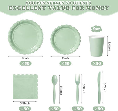 Vyntra 350 PCS Disposable Plates for Boho Party, Paper Plates & Napkins Set with Cups, Knives, Forks, Spoons, 7'' Dessert and 9'' Dinner Plates for Wedding, Baby Shower, Birthday - Sage Green