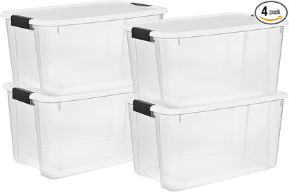 Sterilite 4 Pack Ultra Latching Box, Storage Bins with Lids, Clear Plastic, 70 Quart - Heavy-Duty Organizing Containers for Closet, Bathroom, and Office