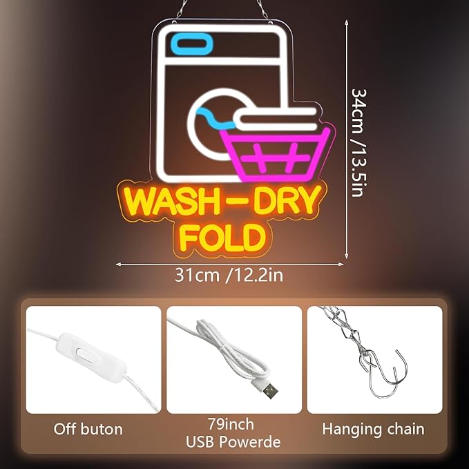 Wash Dry Fold Neon Sign LED Light Up Wall Decor for Laundry Room Home & Laundromat - USB Powered 12x14 Inch Hanging Decorative Lights Gift Idea