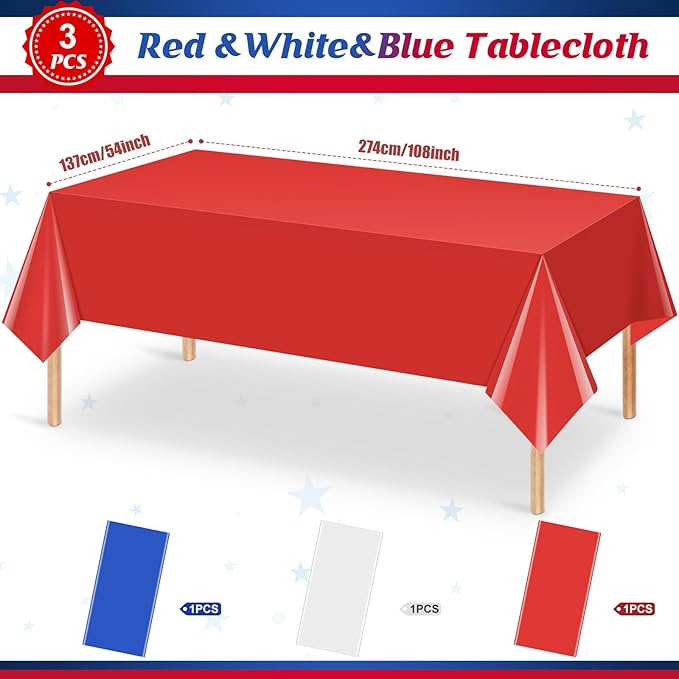3 Pack 4th of July Tablecloths, Red White and Blue Disposable Plastic Tablecloth, Rectangle Table Cover for Patriotic Independence Day Memorial Day Veterans Day Party Decorations, 54 x 108 Inch